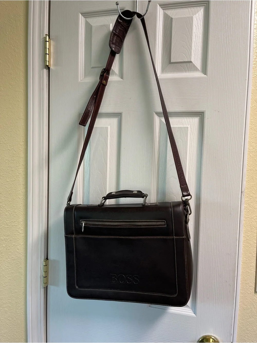 BOSS Brown Leather Briefcase with Shoulder Strap